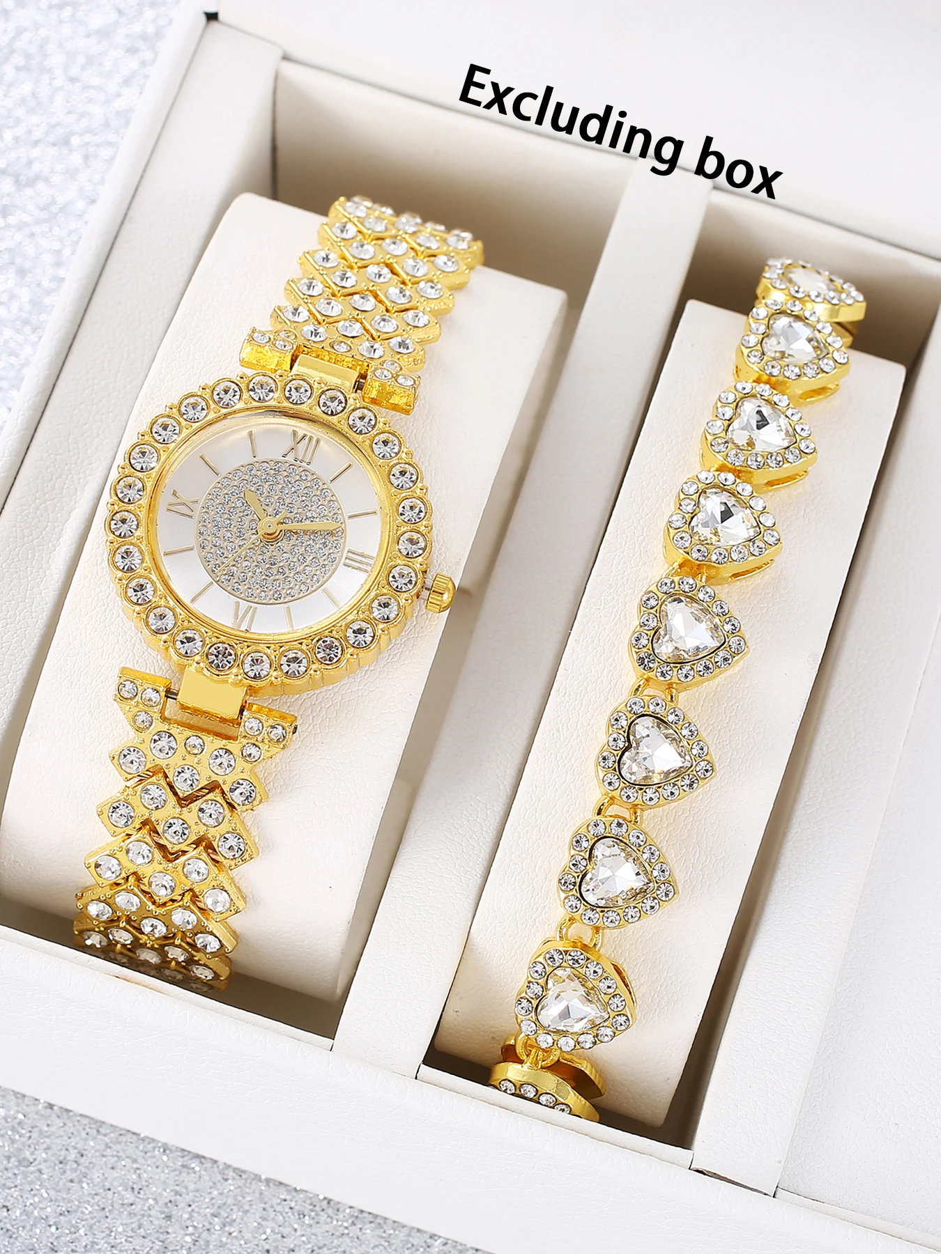 

1pcs women's Roman luxury crystal watch paired with 1pcs heart-shaped gemstone bracelet