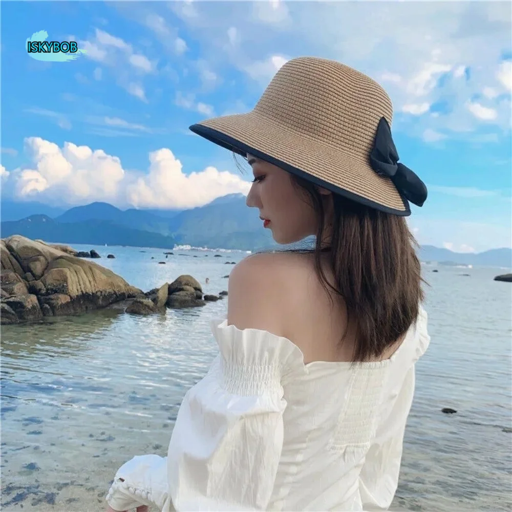 

Sweet Large Bow Straw Weave Sun Hat Fisherman Hat Wide Brim Sunscreen Bucket Hat Bohemian Sun Protection Bowknot Sun Cap Outdoor