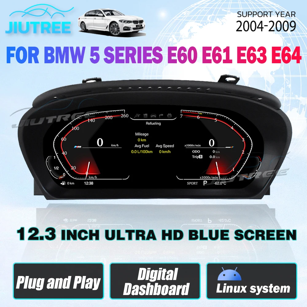 12.3inch Car Speedometer For BMW 5 Series E60 E61 E63 E64 2004-2009 Upgrade for HUD Stereo Multimedia Player Cluster Dashboard