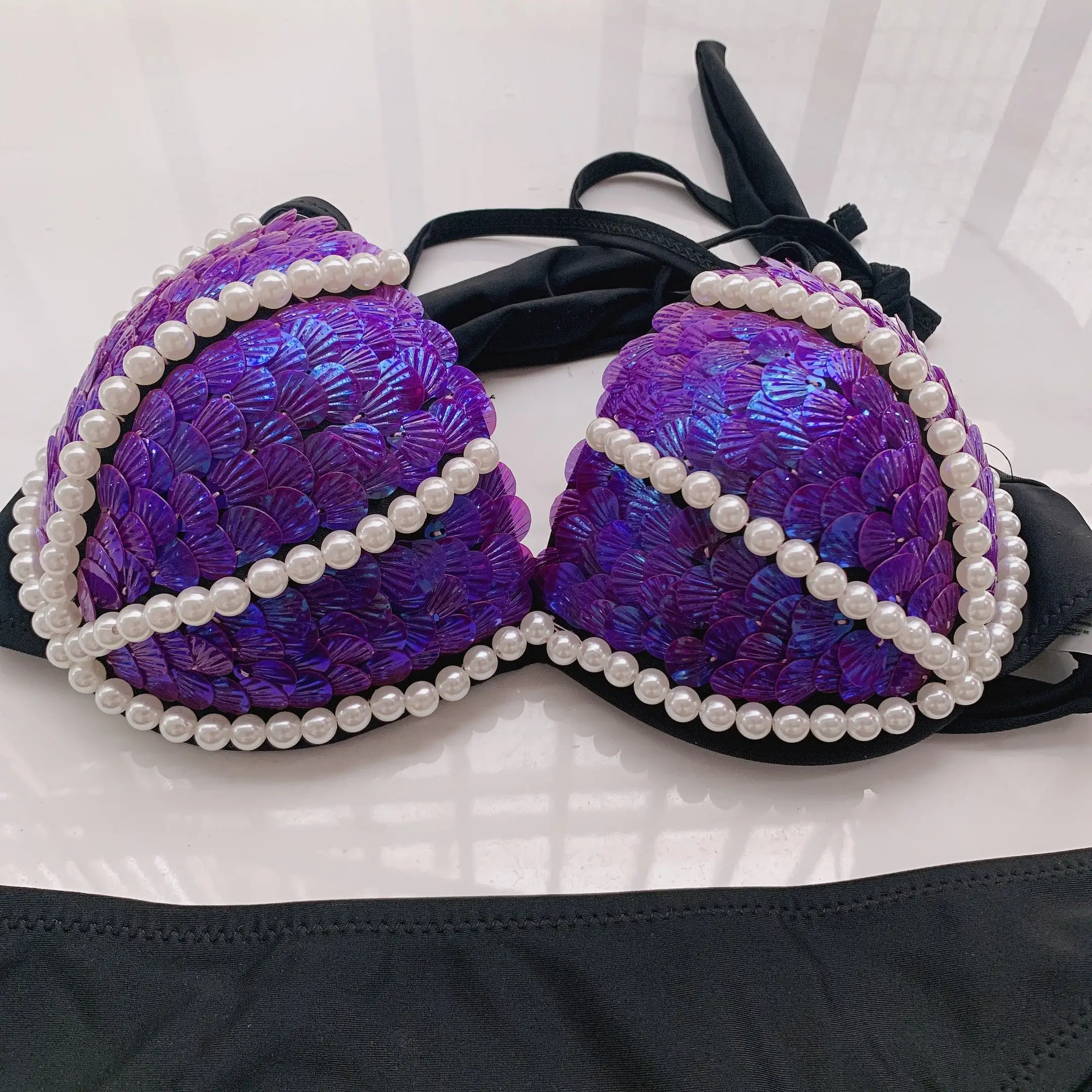 Hand-Stitched Pearl Mermaid Sequin Corset Set Laser Bikini Corset Free Diving Swimsuit For Oceanarium Performance