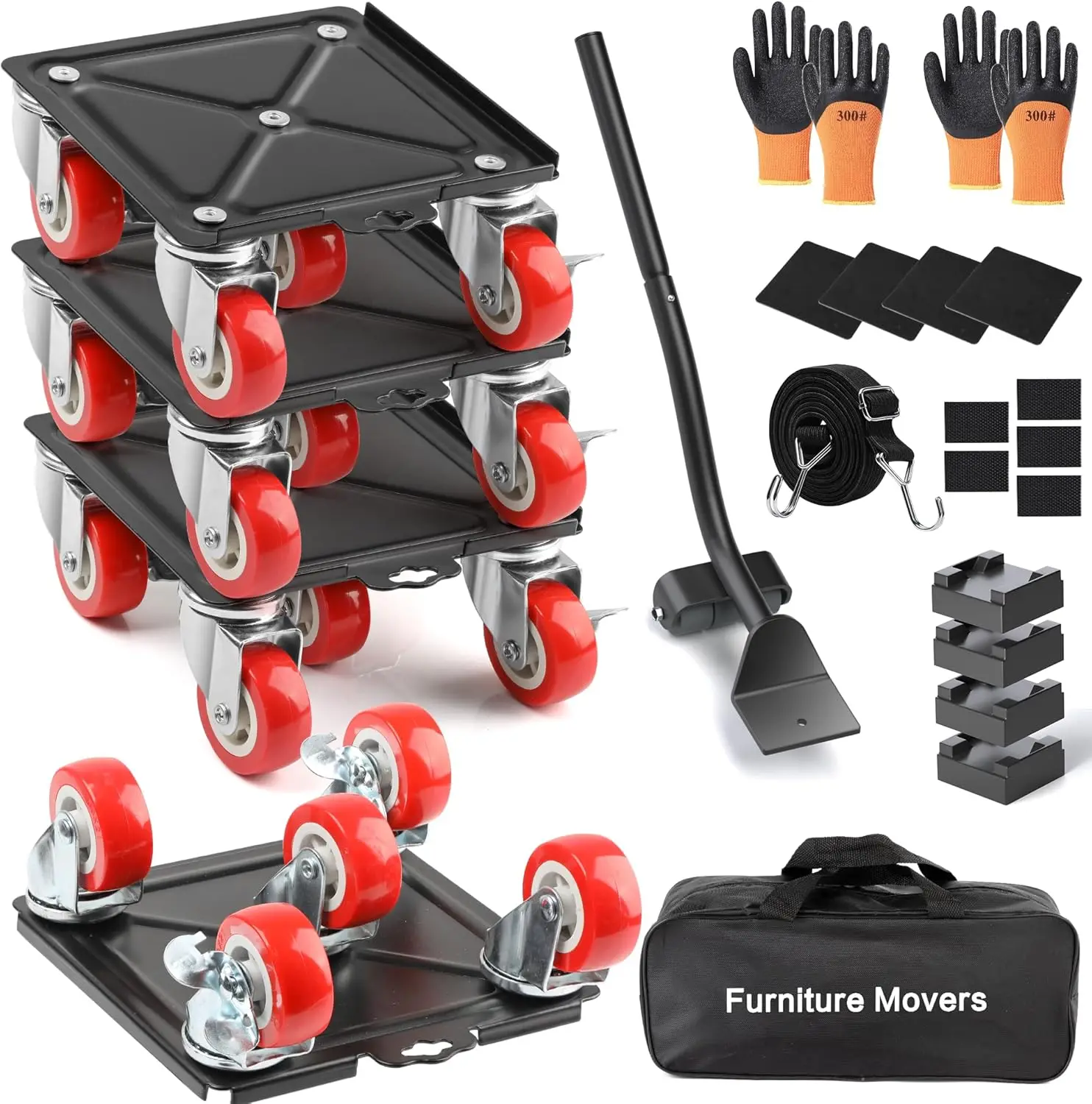 4-Pack Heavy Duty Furniture Dolly with 5 Silent Wheels, 3300 lbs Capacity, Premium Steel Construction