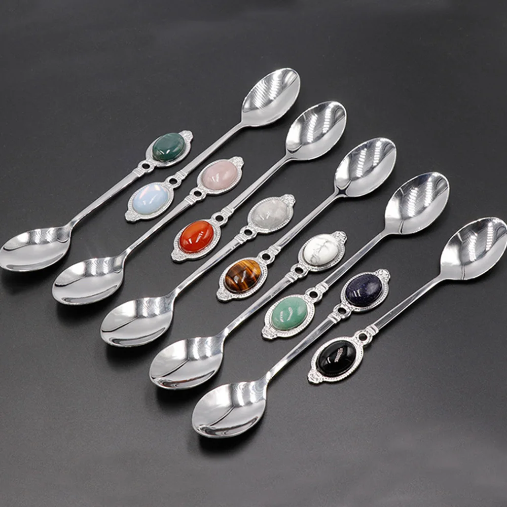 Natural Stone Agate Inlaid Stainless Steel Spoon Tea Coffee Dessert Spoons Reiki Healing Crystals Creative Home Decor Gifts