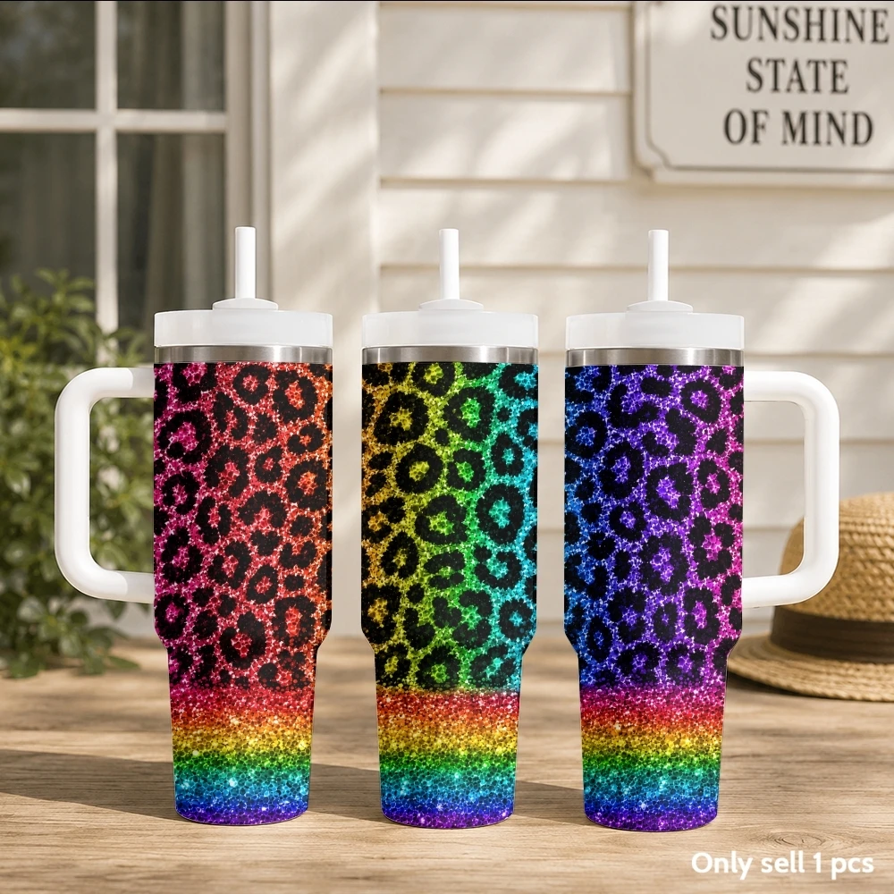 Glitter Leopard Print Vacuum Flasks 40oz Portable Stainless Steel Tumbler with Handle Straw Double Wall Insulated Leakproof Mug