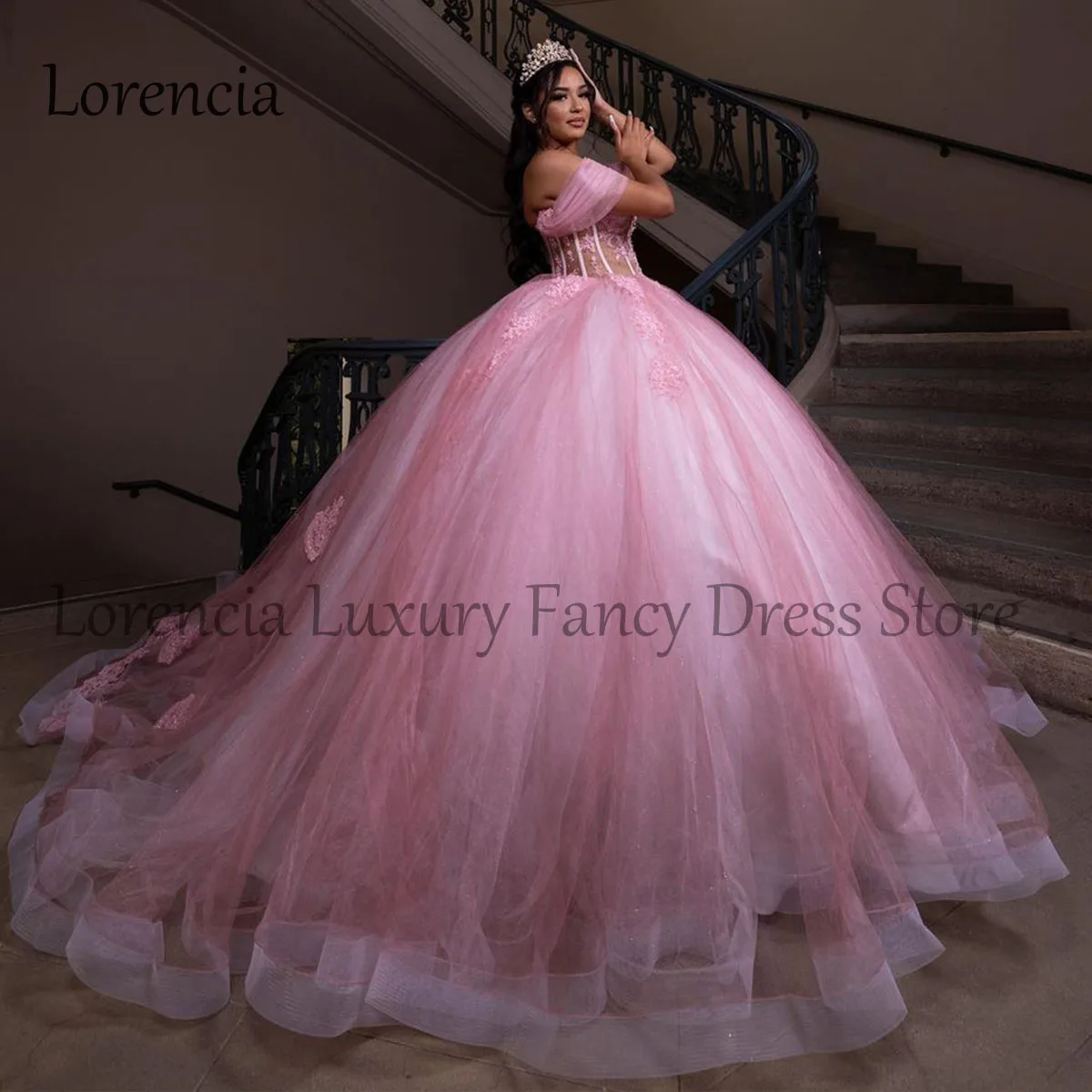 Vestido de quinceañera rosa sin mangas para fiesta de cumpleaños, apliques de hombros descubiertos, corsé con cuentas, dulce 16 Formal, 2024