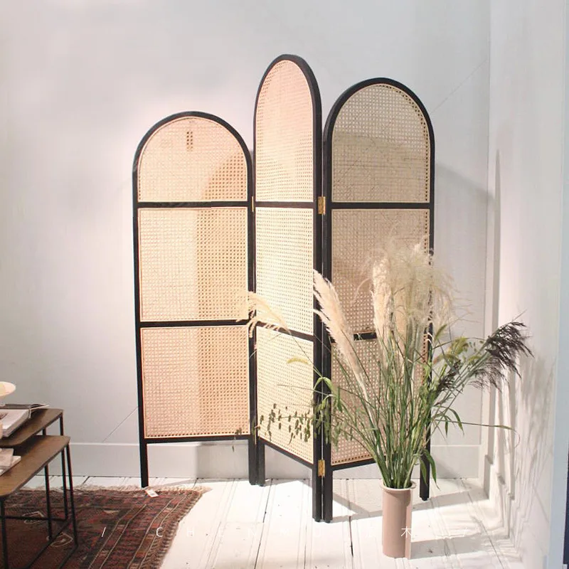 Rattan screen, entrance, solid wood office partition, folding, moving, living room, light luxury, creative new Chinese