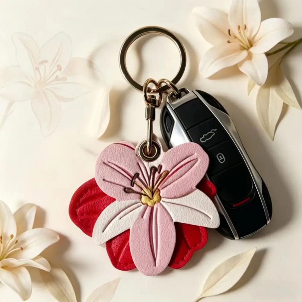 Flower Bag Charm Flower Shape Keychain Pendant Imitation Leather Card Holder Protective Cover Bag Accessory Car Keychain Hanging