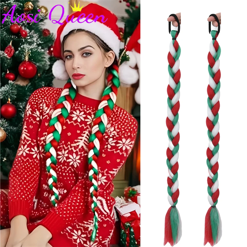 Synthetic 2-Pack Christmas Color Braided Tail Extensions Elastic Straight Tube Fashion Wrap Hair Tails 24 Inch Green White Red