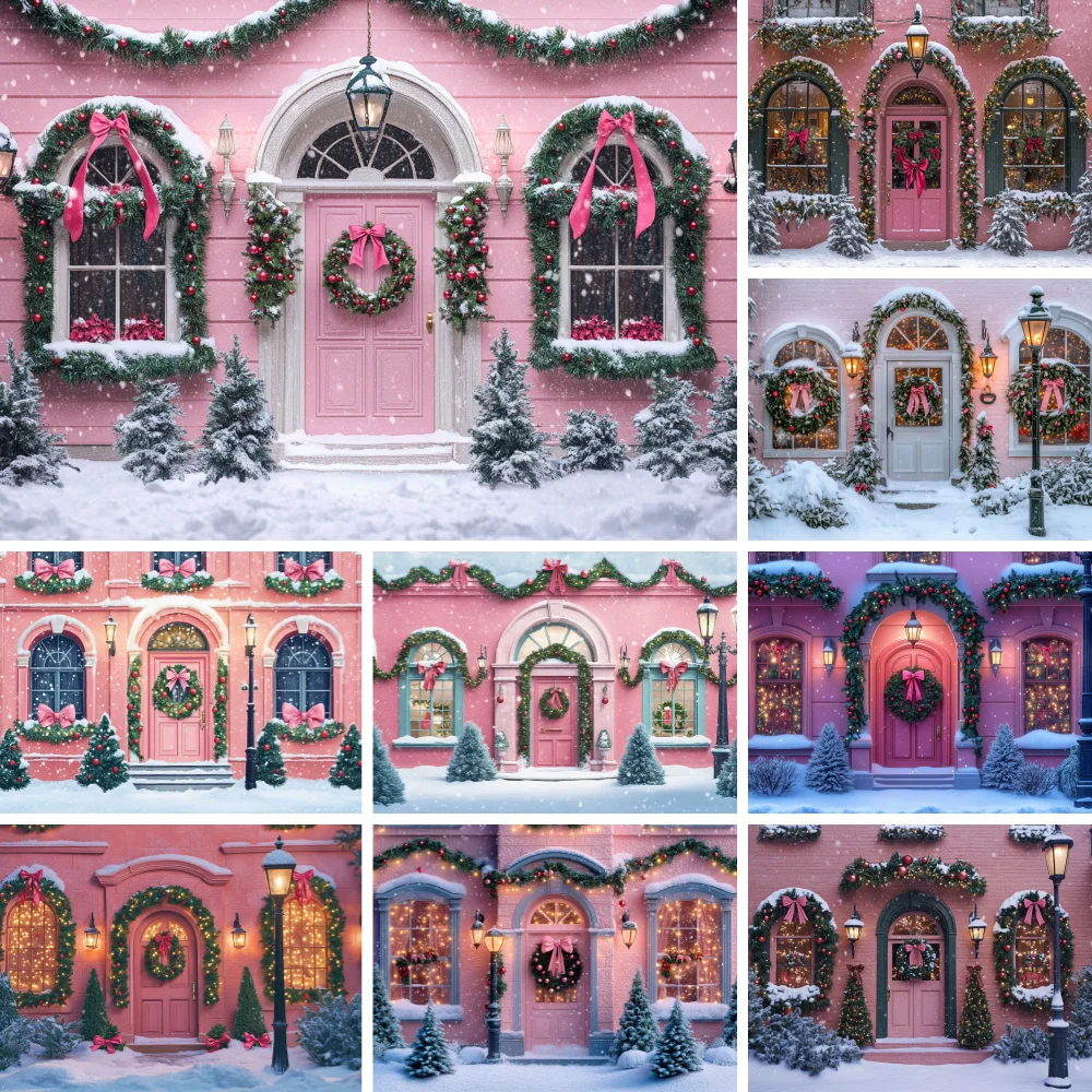 Pink House Front Door Christmas Photography Backdrop Pink Bow Wreath Window Garland Pine Tree Snow Ground Photo Background