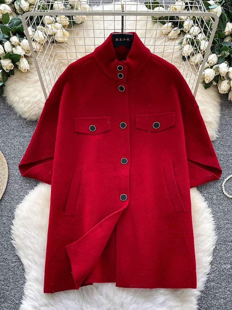 Korean version autumn new fashion loose cape coat women's solid color stand up collar single breasted casual solid jacket