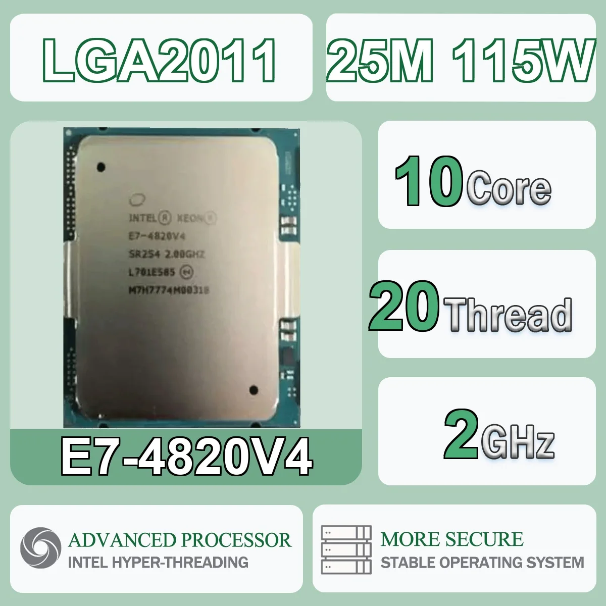 Processador Intel Xeon E7-4820V4 10 Núcleos 20 Threads 2.0GHz 115W 25MB Cache 14nm LGA 2011 SR2S4 DDR4-1333/1600/1866 DDR3-1066/1333 MHz