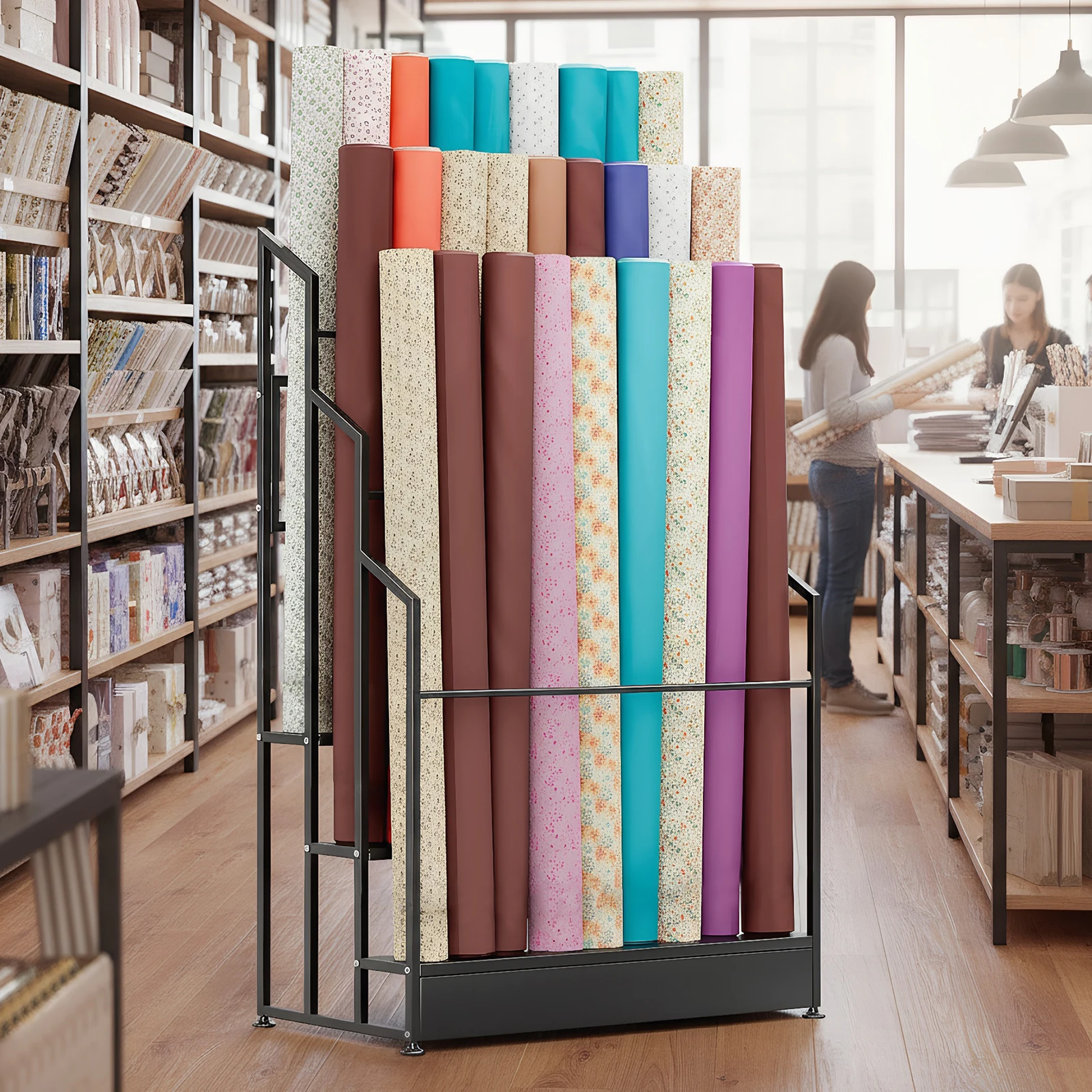 

3 Tier Heavy Duty Fabric Roll Storage Rack Floor-Standing Vinyl Roll Organizer with Adjustable Rails for Craft Store & Workshop