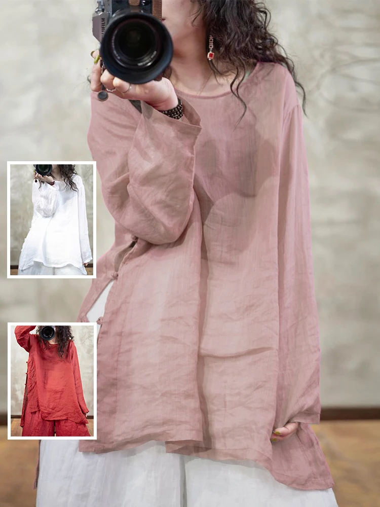 

Breathable Lightweight Large Size Women's T-irt round Ne Long Sve Mid-Length Casual Top Side Button Plaet Pure Color