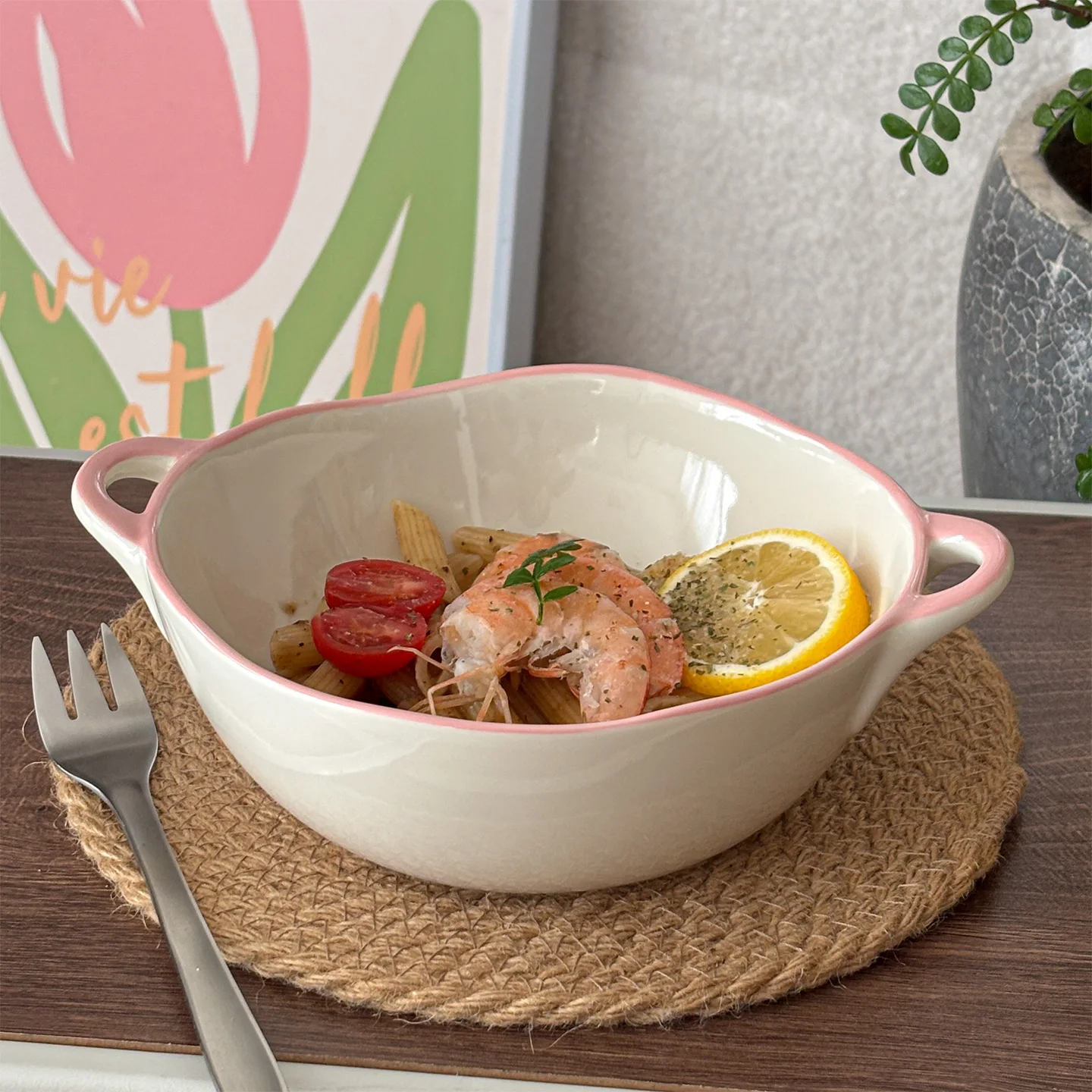 Pink Border Double Ear Bowl Creative Irregular Underglaze Color Ceramic Bowls Ins Household Versatile Fruit Salad Bowls