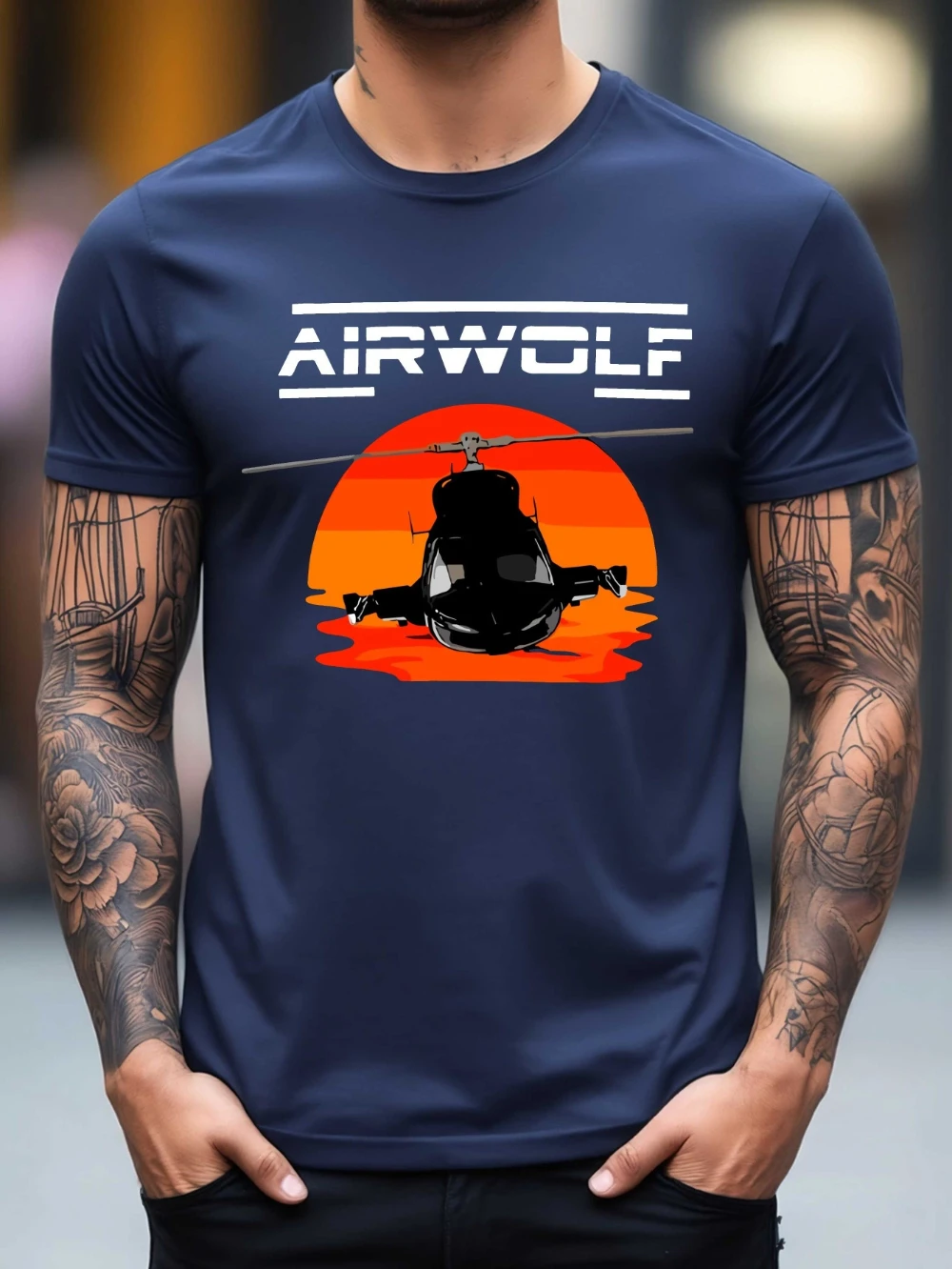 Men'S Airwolf Graphic T-Shirt Black with Helicopter Sunset Design Micro-Stretch Cotton Blend Regular Fit Casual Summer Tee