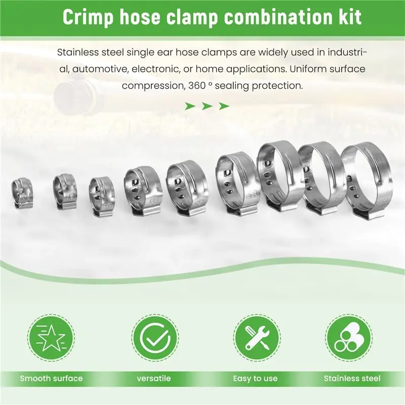 AEE3-Stainless Steel Single Ear Hose Clamp, 80Pcs 6-23.6Mm Crimp Hose Clamp Assortment Kit Ear Stepless Cinch Rings Crimp Pinch