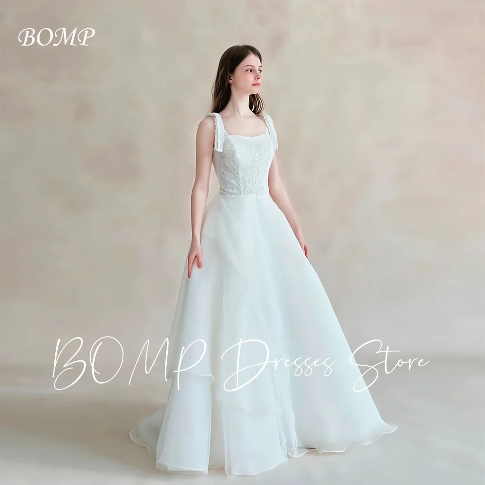 

BOMP Princess Bow Spagheti Straps Wedding Dress A-Line Beading Ivory Tulle Korea Photo Shoot Bridal Gown Customized Elegant
