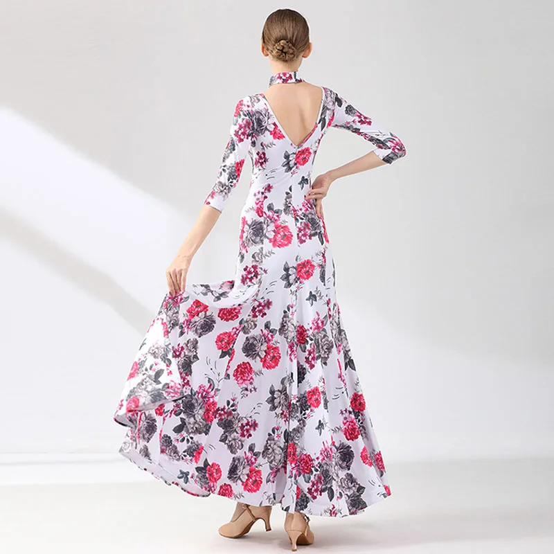 Half Sleeves Floral Printing Standard Ballroom Dress for Women Flamenco Dance Dress Waltz Spanish Dance Costumes Ball Gown