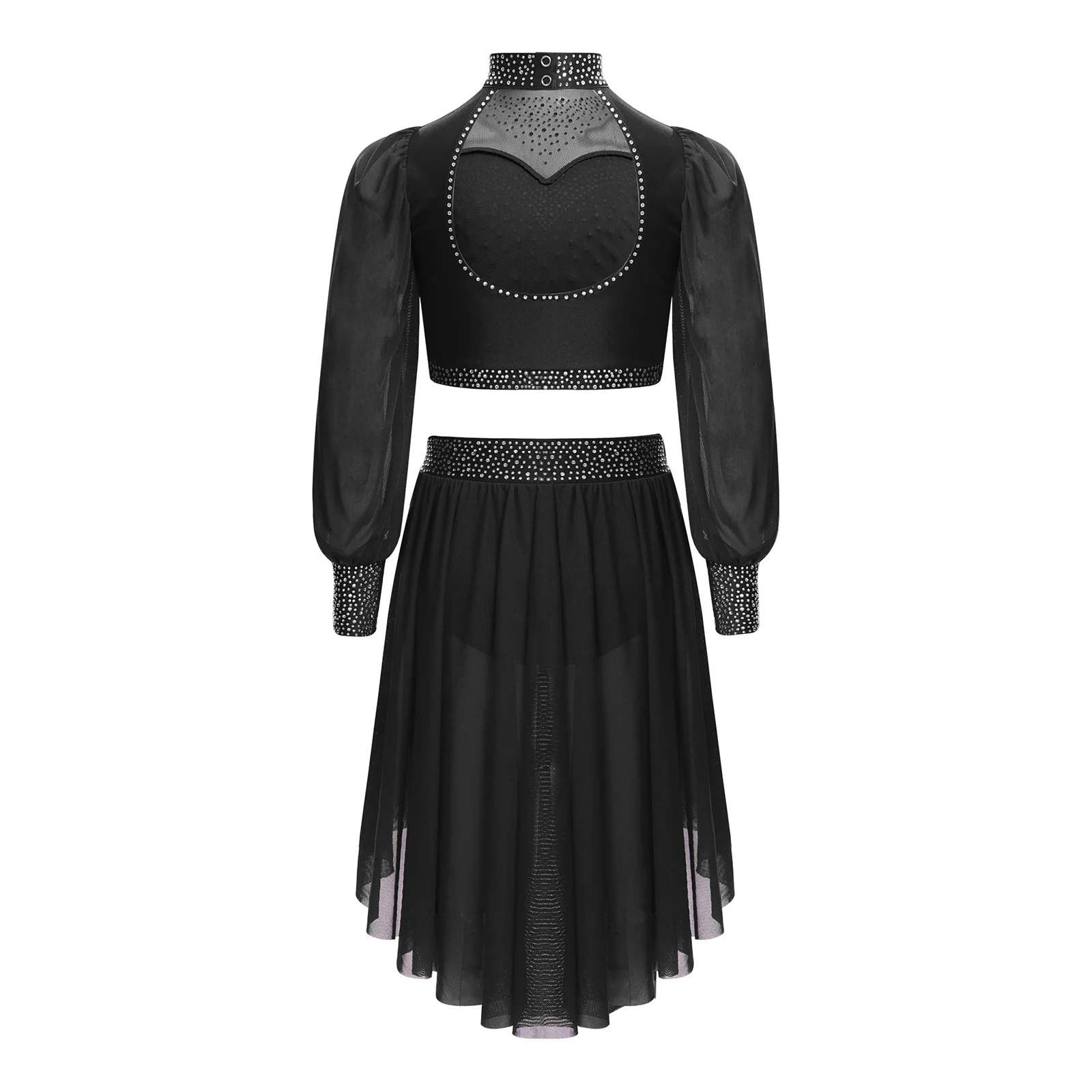 Kids Girls Ballet Lyrical Dance Outfit Sheer Mesh Crop Top with Asymmetrical Skirt Gymnastics Figure Skating Performance Costume