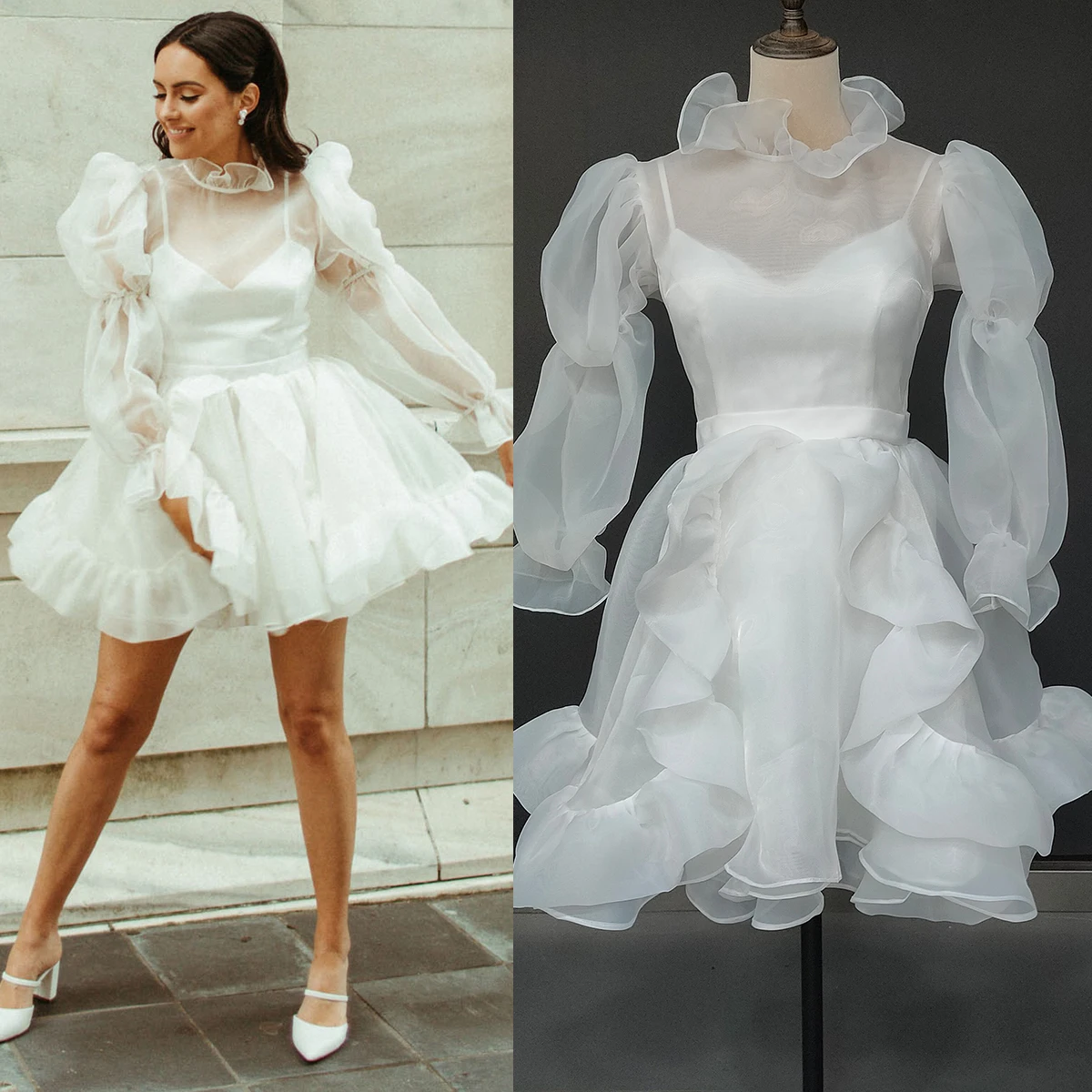 Echt Fotos Mini Organza Lange Bischof Ärmeln Micro Hochzeit Kleid Nach Maß Einfache High Neck Prinzessin Transparent Brautkleider