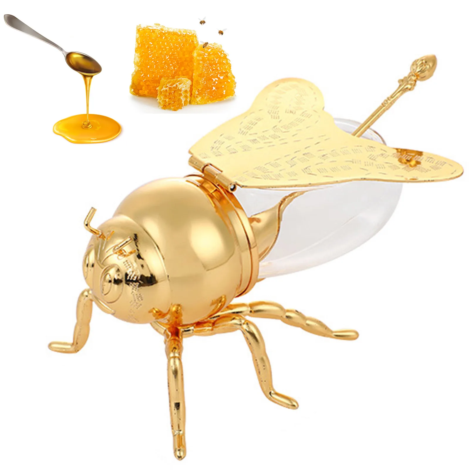 

Bee Shape Honey Storage Dispense Container With Spoon Ornament Spice Seasoning Jar Home Clear Oil Storage Holder Kitchen Tool