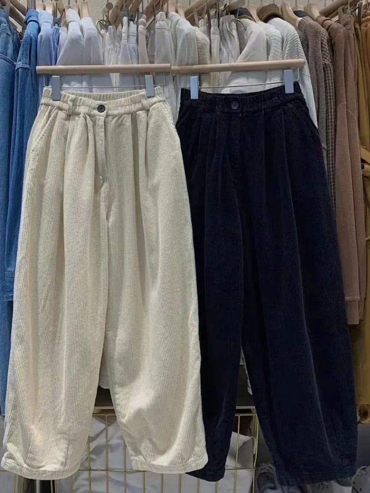 여성용 테니드 페이스 라이닝 코듀로이 할란 팬츠 겨울 패션 브랜드 버튼 롱 트라우저 캐주얼 랜턴 팬츠