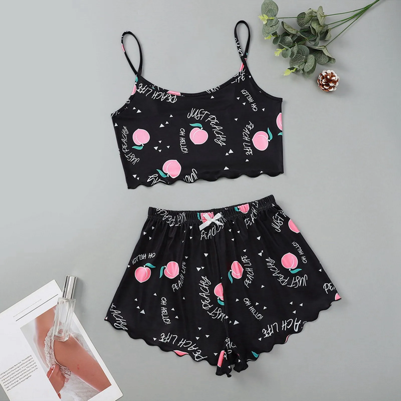 Women\'s 2pcs Cute Soft Comfy Doll Print Sexy Sleepwear Sleeveless Shorts Homewear Spring Autumn New Women Pajama Set Loungewear