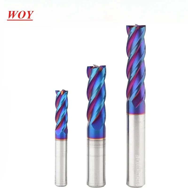 WOY HRC65 End Mills CNC Cutting Tools Carbide Flat End Mill Tungsten Cutter  4Flute Metal Steel Machining  Tool Bit 4 Shank