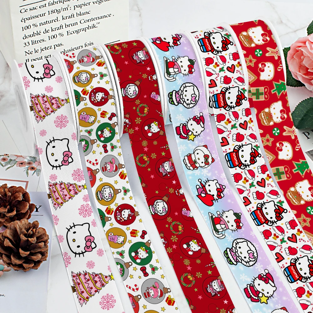 

Christmas Hello Kitty Sanrio Cartoon Printed Grosgrain Ribbon Satin Ribbon For Girl Head Wear Hair Bows Handmade 10 Yards