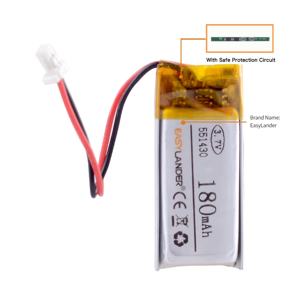 Batterie lithium-ion aste, Eddie ion Li Polymer, régularise 3 tampons de bricolage, têtes Bluetooth E-book, JST1.0, 2P, 3.7V, 180mAh, 551430, 551429
