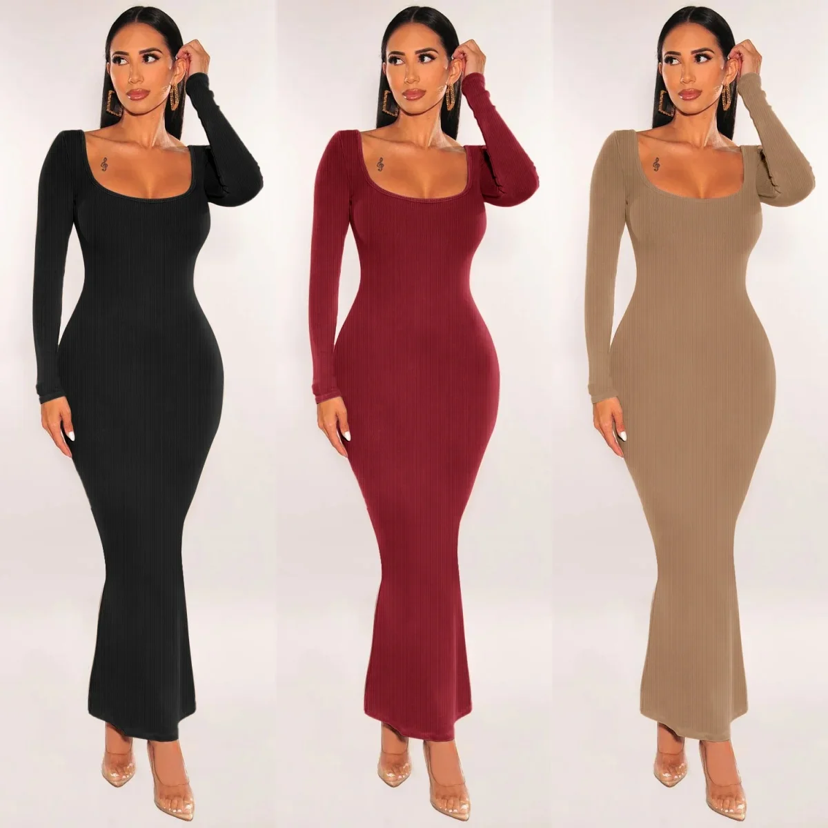 Women Ribbed Knit Long Sleeve Maxi Dress Slim Fit Solid Color Bodycon Pencil Long Dress Casual Fall Spring Clothes