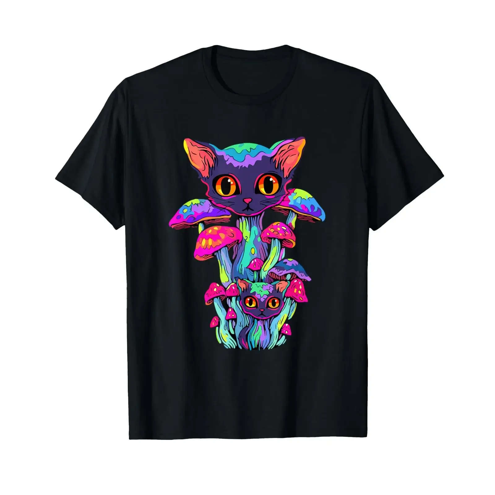 Trippy Cat Mushroom EDM Festival DJ Psychedelic T Shirt vintage Washed graphic Casual Stylish Breathable Stretched Soft fashion