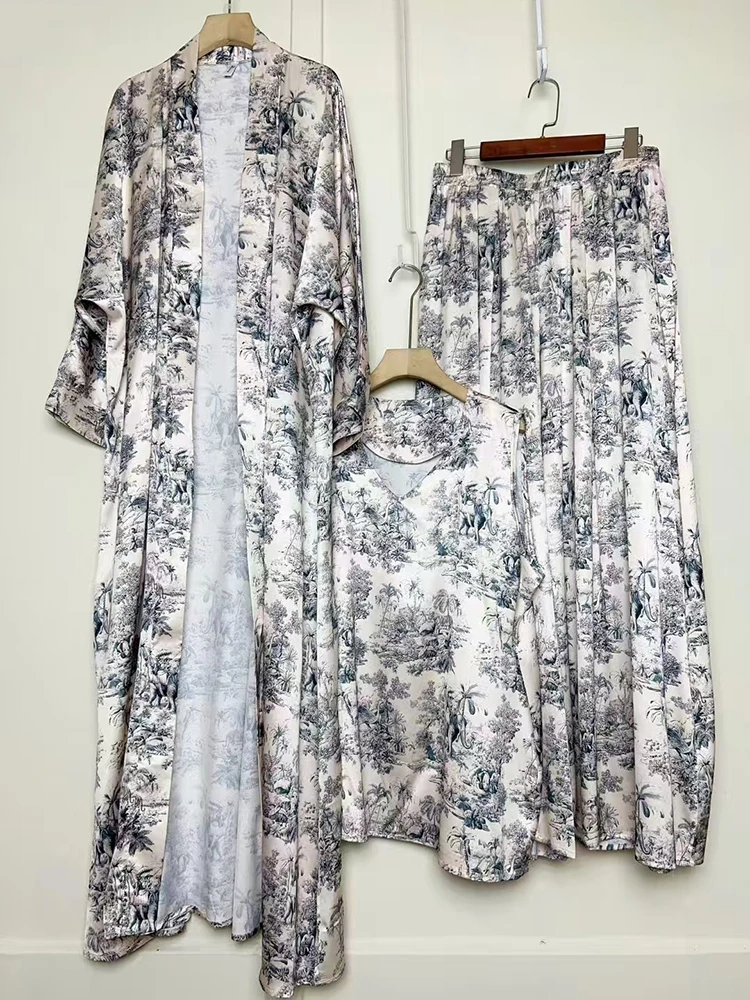 

Retro geometric print long cardigan three-piece set 2025 summer women's loose pullover vest + wide leg skirt fashion suit