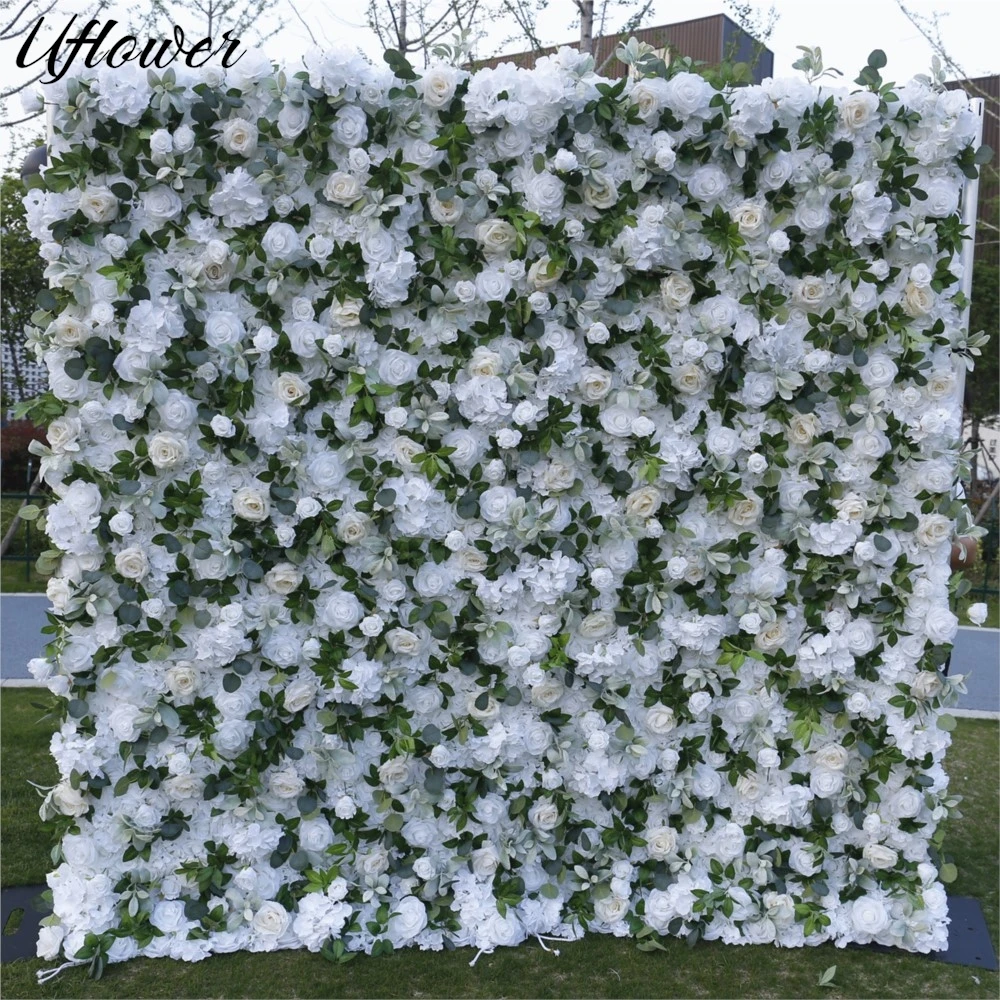 

Uflower White Rose Greenery Artificial Flower Wall Wedding Backdrop Fabric Hanging Curtain Floral Window Display Party Props