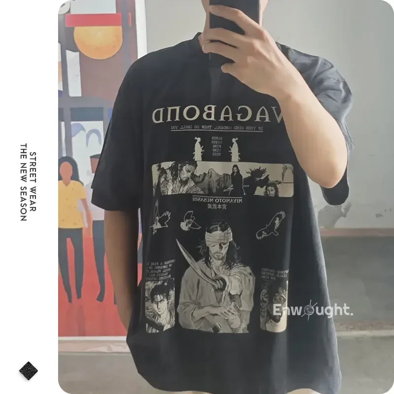 Anime Manga Vagabond T Shirt Musashi Kojirou Matahachi Vintage Washed Tops Tees Oversized Short Sleeve T-shirt Man 100% Cotton