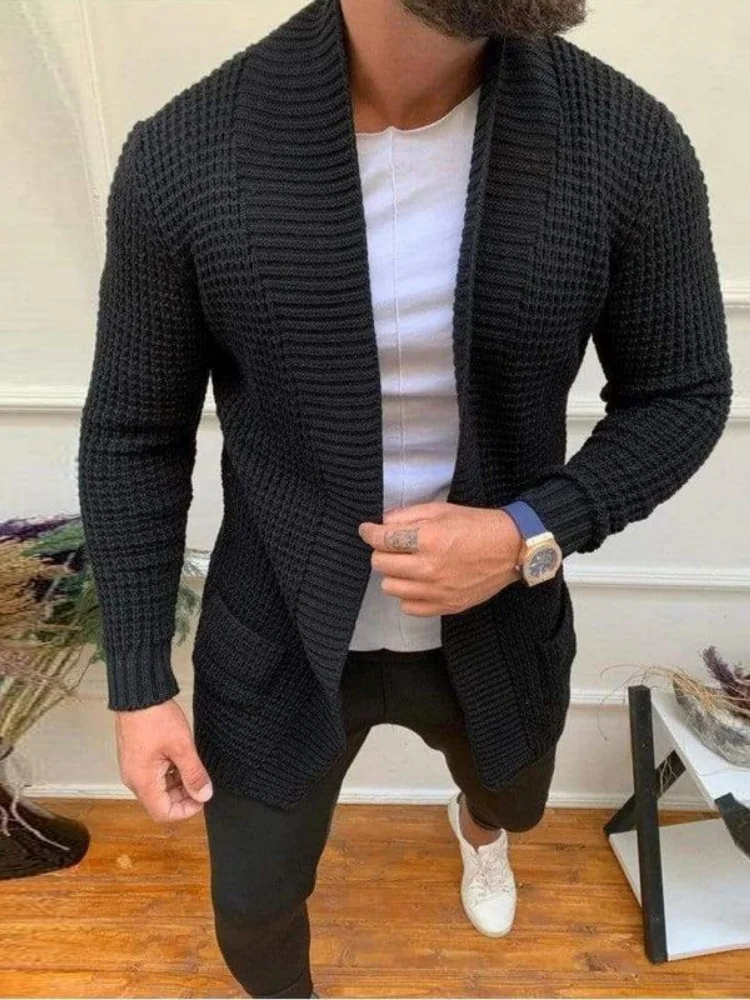 Men's Solid Color Waffle Knit Shawl Collar Cardigan Slim Fit Open Front Sweater
