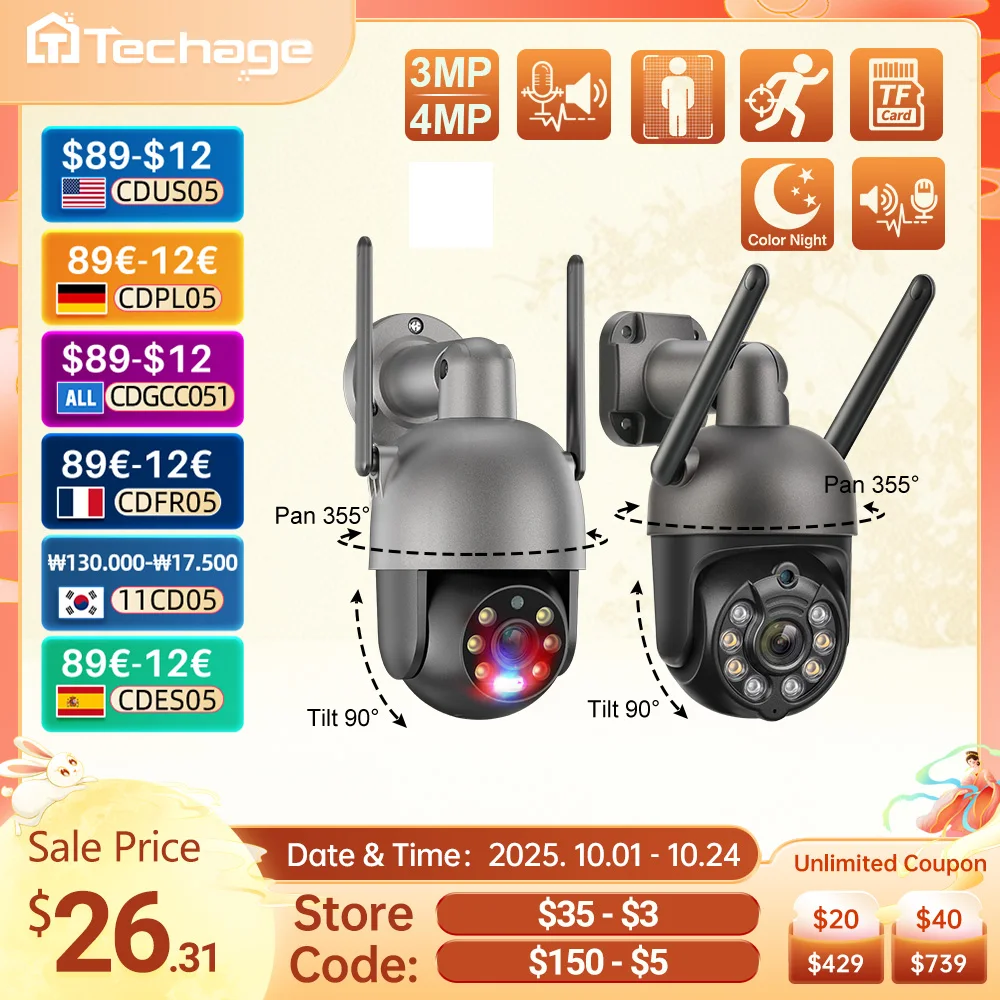 

Techage 3MP 4MP 4K Wifi IP Camera Outdoor Wireless PTZ Camera Human Detected Two-Way Conversation AI Colorful Night Vision