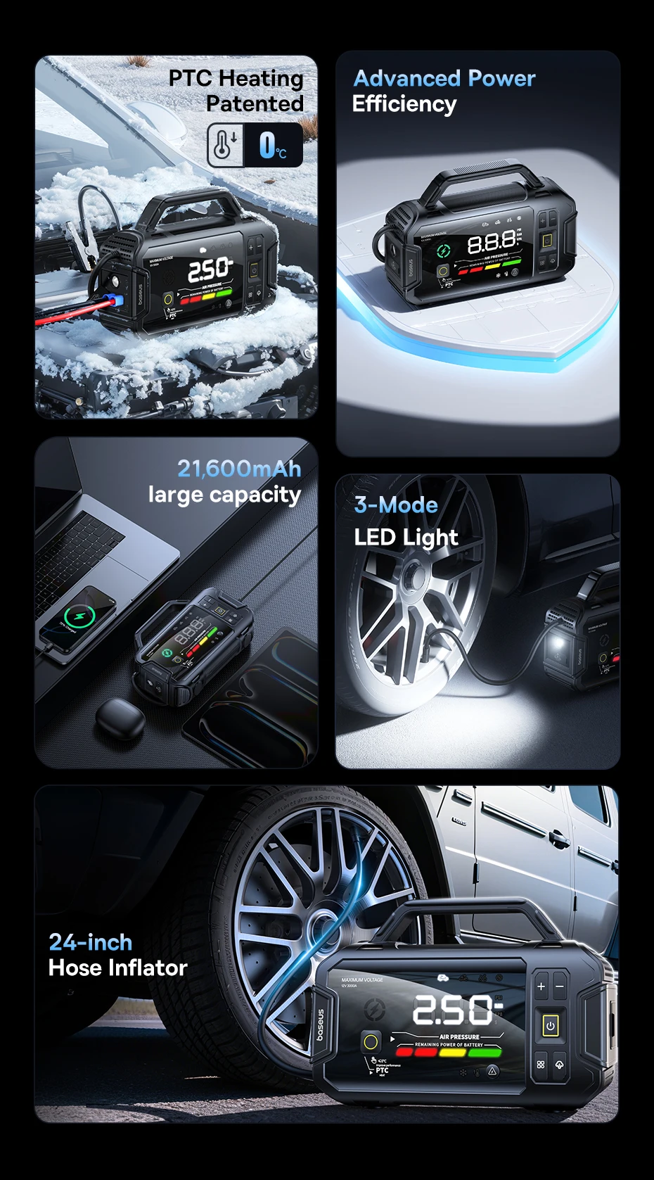 Baseus VJ1 3000A Starthilfe 4-in-1 150PSI Luftkompressor Powerbank 21600mAh Auto-Batterie Notfall-Booster Tragbares Startgerät – Detail 2