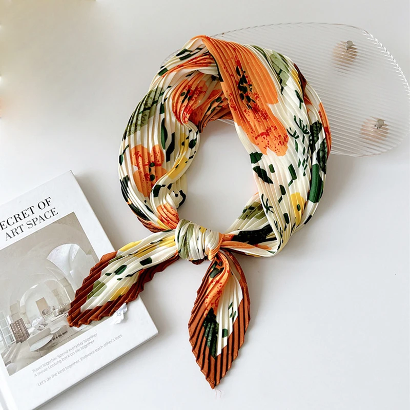 2024 Pleated Small Square Satin Silk Scarf For Women Bright Flowers Color Printing Female Neck Guard Ladies Scarves Headband