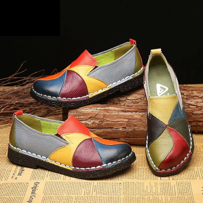 Designer Patches Ballet Flats For Women  Luxury Vintage Shoes Big Size 42 Women\'s Genuine Leather Moccasins Mom Rainbow Loafers