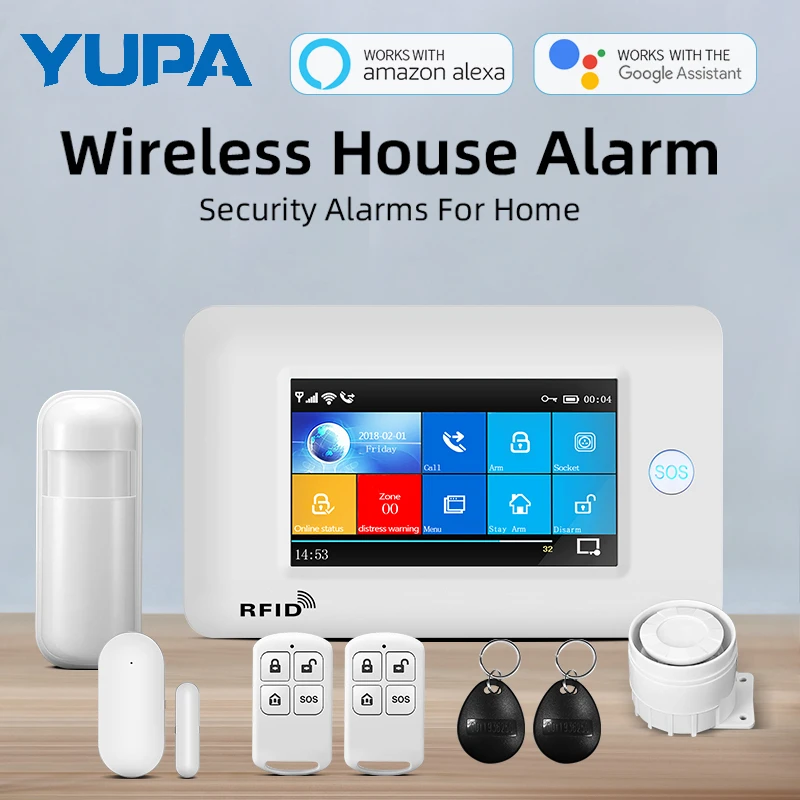 YUPA Gsm Security Alarm System Full Touch Color Screen APPs Control With Door Sensor For Android Ios Wifi Wireless Smart Alarm