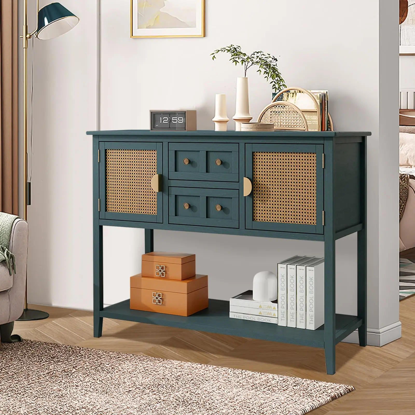 Rattan Entryway Table Console Table with Drawers, Accent Sofa Table Entryway Table with Cabinet Storage for Living Room, Hallway