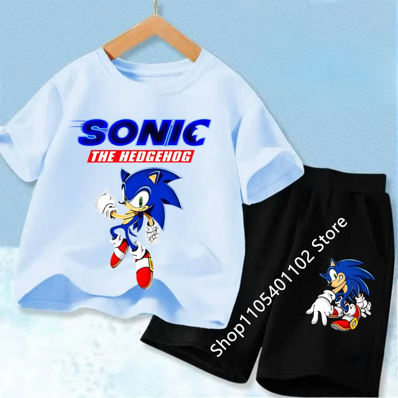 Fashion Anime Children's T-shirt Set Sonics The Hedgehog Top Short Sleeve + Shorts Two-piece Set Girls Boys Cosplay Costume