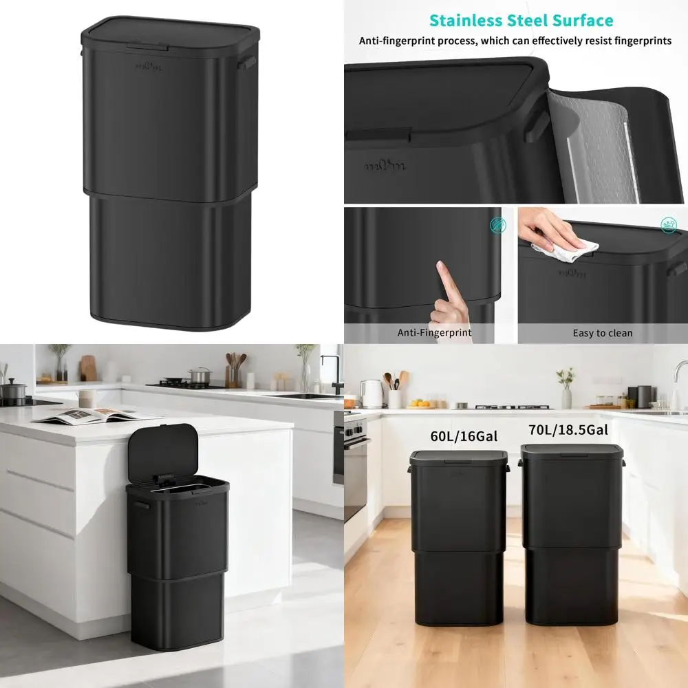 

Мусорное ведро из матовой черной нержавеющей стали на 18,5 галлонов с крышкой, без внутреннего ведра, с защитой от отпечатков пальцев, легко чистится, для кухни, дома, офиса