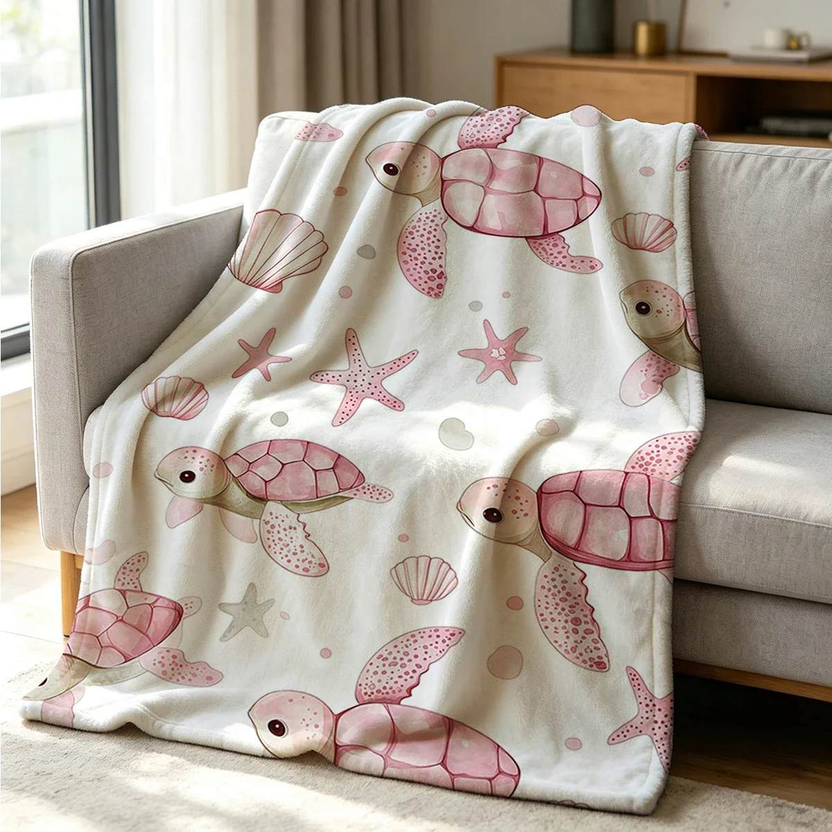 Cute Sea Turtle and Starfish Print Throw Blanket Cozy Beach Ocean Nursery Decor Gift for Baby Kids