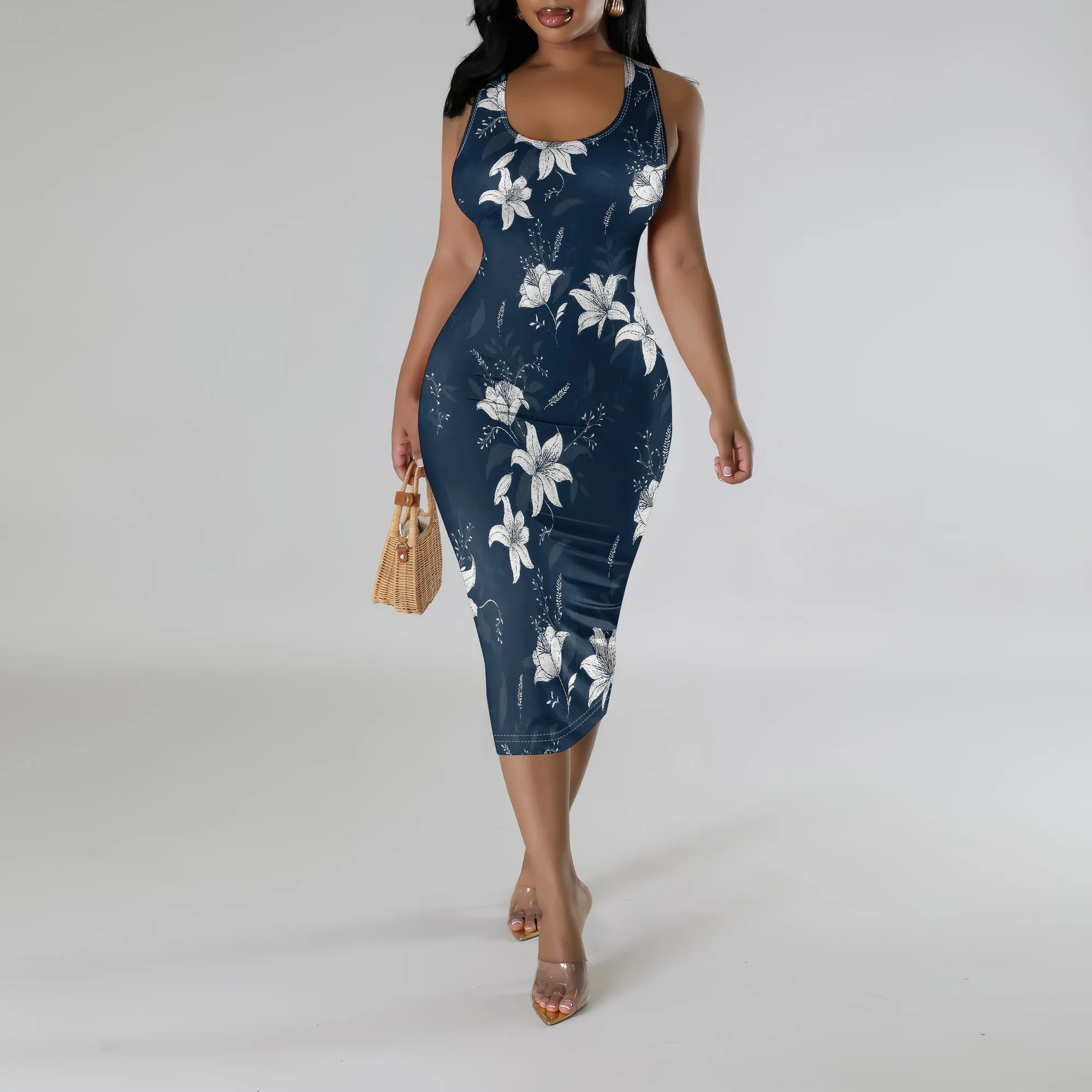 พิมพ์ลายดอกไม้ Midi ชุดผู้หญิงเซ็กซี่ลูกเรือคอ Sundress PLUS ขนาด Club Dresses
