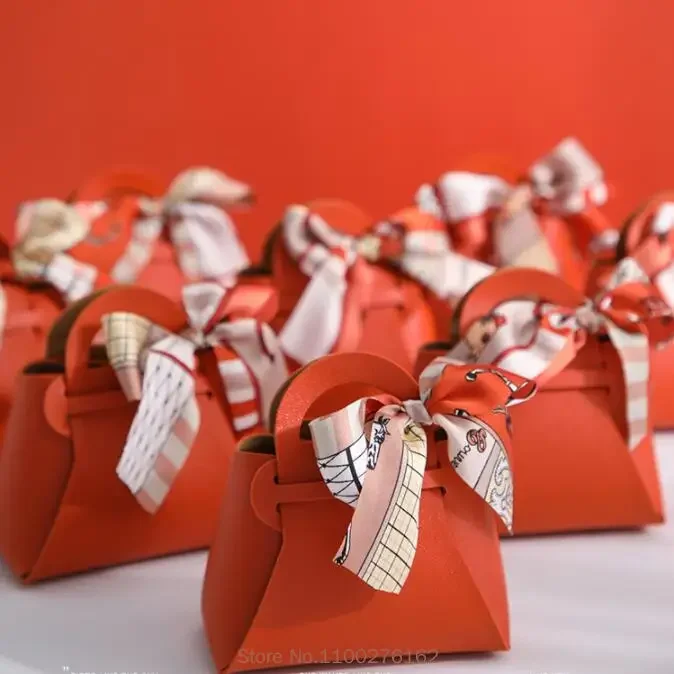 

60 PCS Small Leather Gift Box New Creative Handbag Shape Ribbon Bow Temperament Solid Color Candy Box With Hand Gift Bag