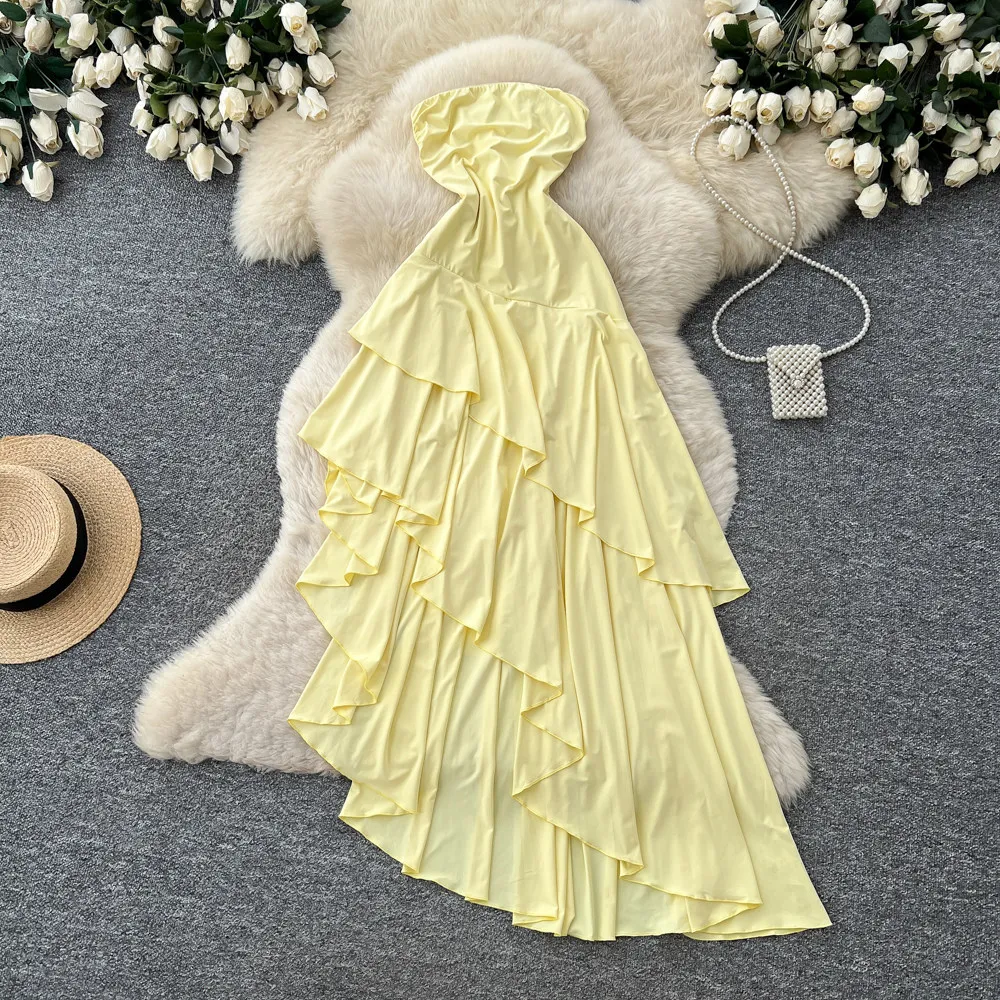 Langes Kleid für Damen, trägerlose Kleider, A-Linie, Vestidos, Y2k, Streetwear, ärmellos, sexy Rüschen, elegant, Splice, Party, Nacht, Arbeit, Sommer