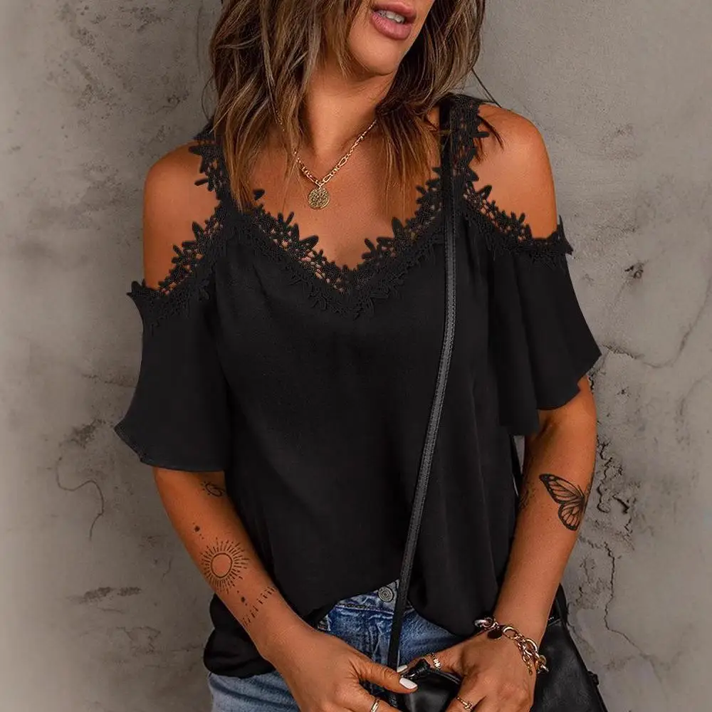 Spitze Kragen Basis irt Damen Lange Sve Casual Sle Polyester Weste Sl Splice Reine Farbe Sommer Faion Damen Top