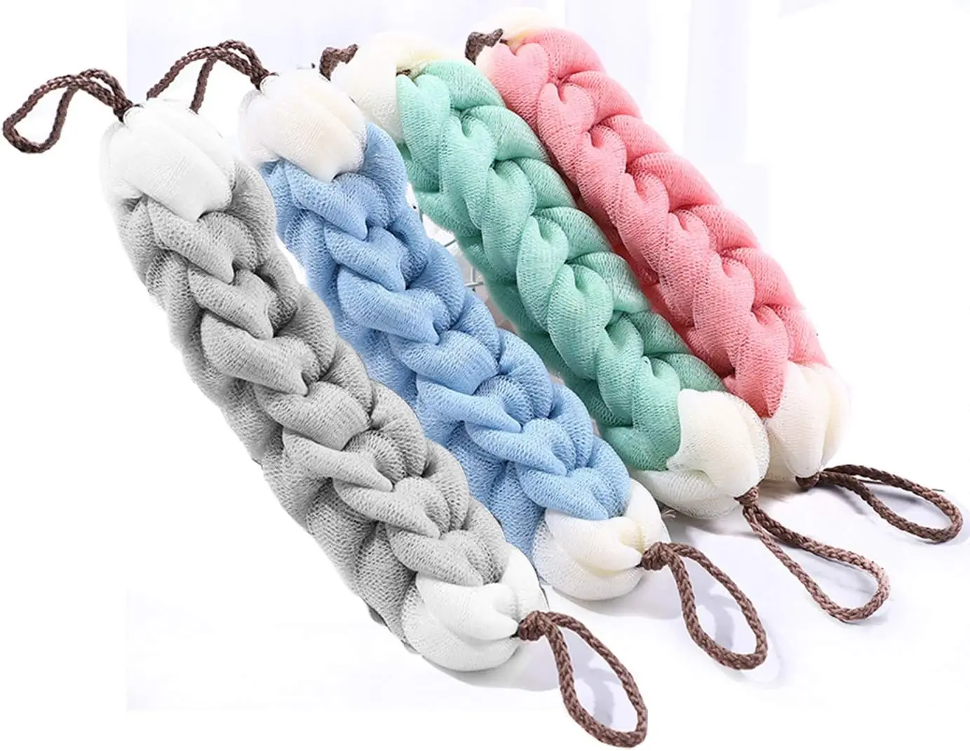 

4 Pack Long Stretch Back Sponge with Rope Handles for Bathing, Exfoliating Body Sponge for Men & Women, Blue+Green+Pink+Grey