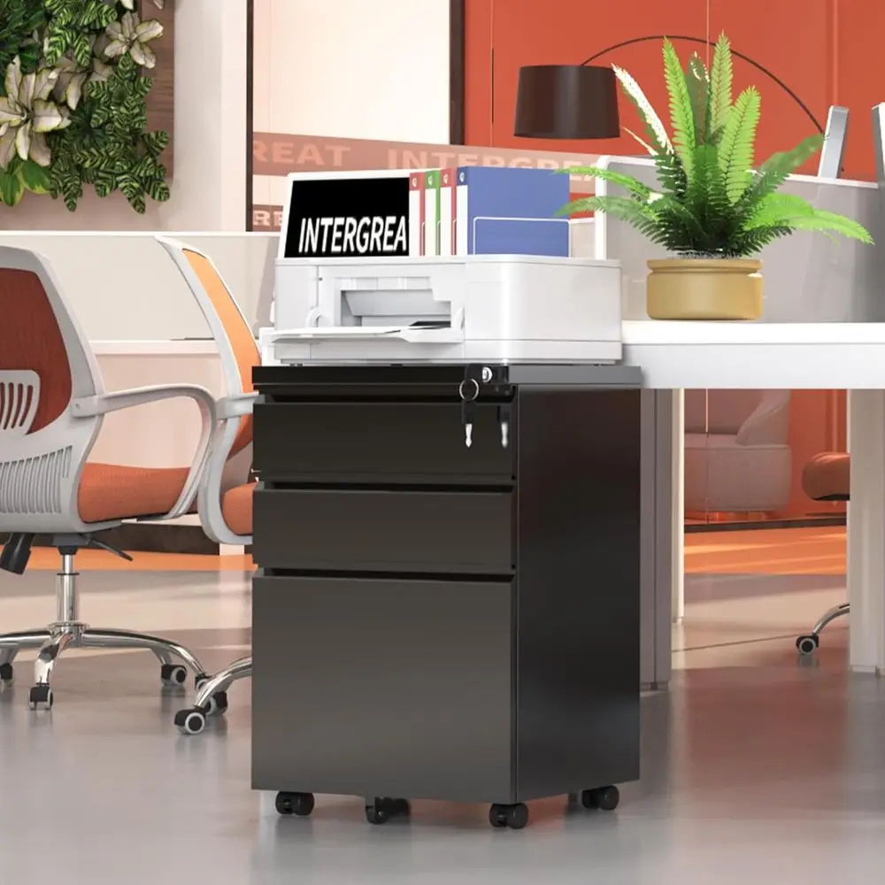 Metal Cabinet with Lock, Rolling Under Desk Organizer for Letters/Legal/A4 Files, Fully Assembled, Black
